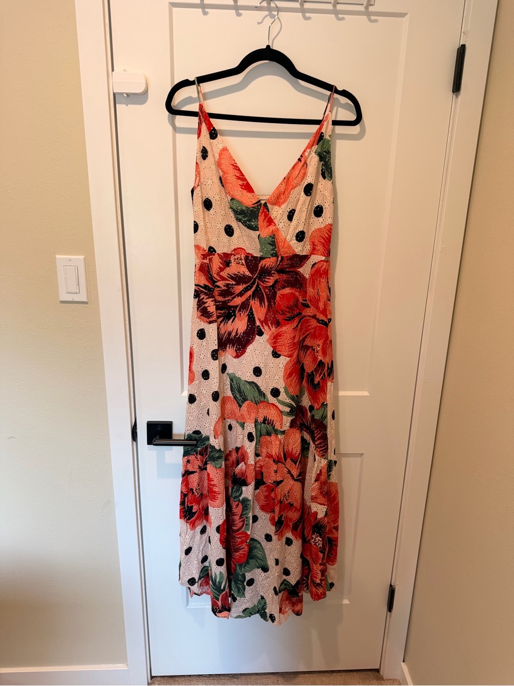 FARM Rio Coral Floral & Black Polka Dot Midi Dress